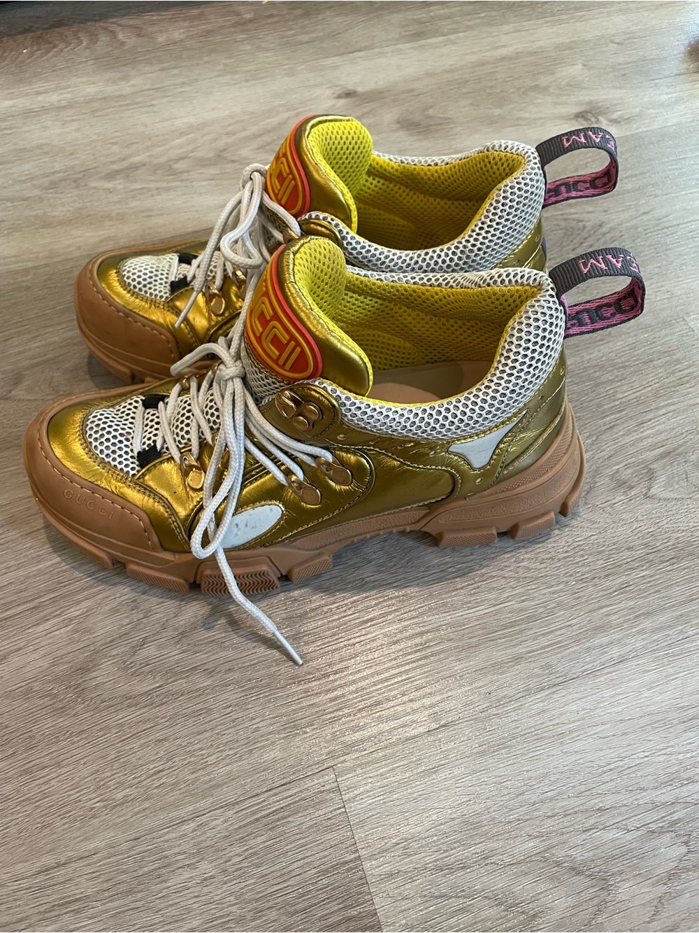 Gucci Metallic Gold, White & Tan Mesh Athletic Sneakers - Picture 5 of 13